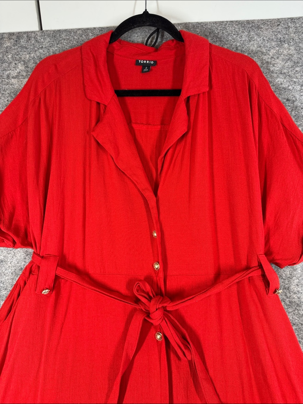 Torrid Red Shirt Dress Size 2 Plus Tie Waist Button Front Casual Midi Summer - Picture 4 of 16